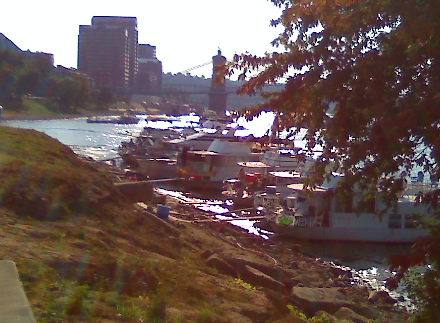 Sitting on the shoreline waiting to board the Belle of Cincinnati