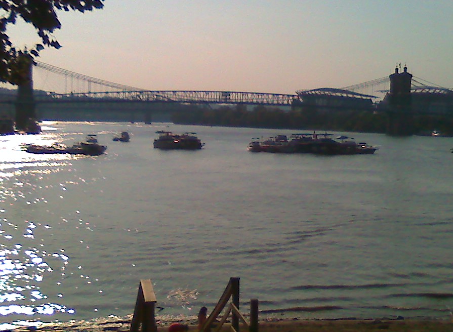 Sitting on the shoreline waiting to board the Belle of Cincinnati